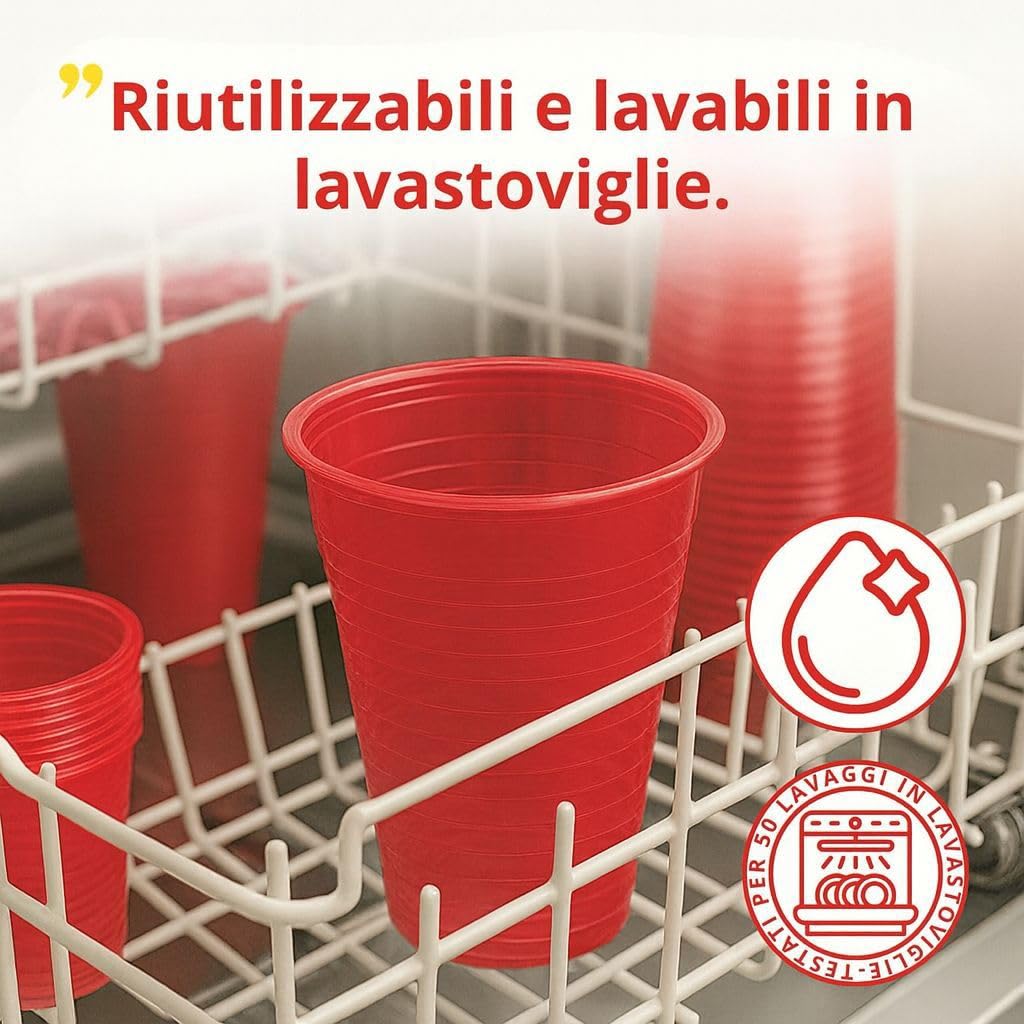 Bicchieri Plastica per Natale 50pz da 200ml Rossi Riutilizzabili (fino a 50 Lavaggi) Lavabili in Lavastoviglie BPA Free Impilabili Per Acqua Cocktail Birra Ideali per Feste Buffet Ufficio Bar Catering