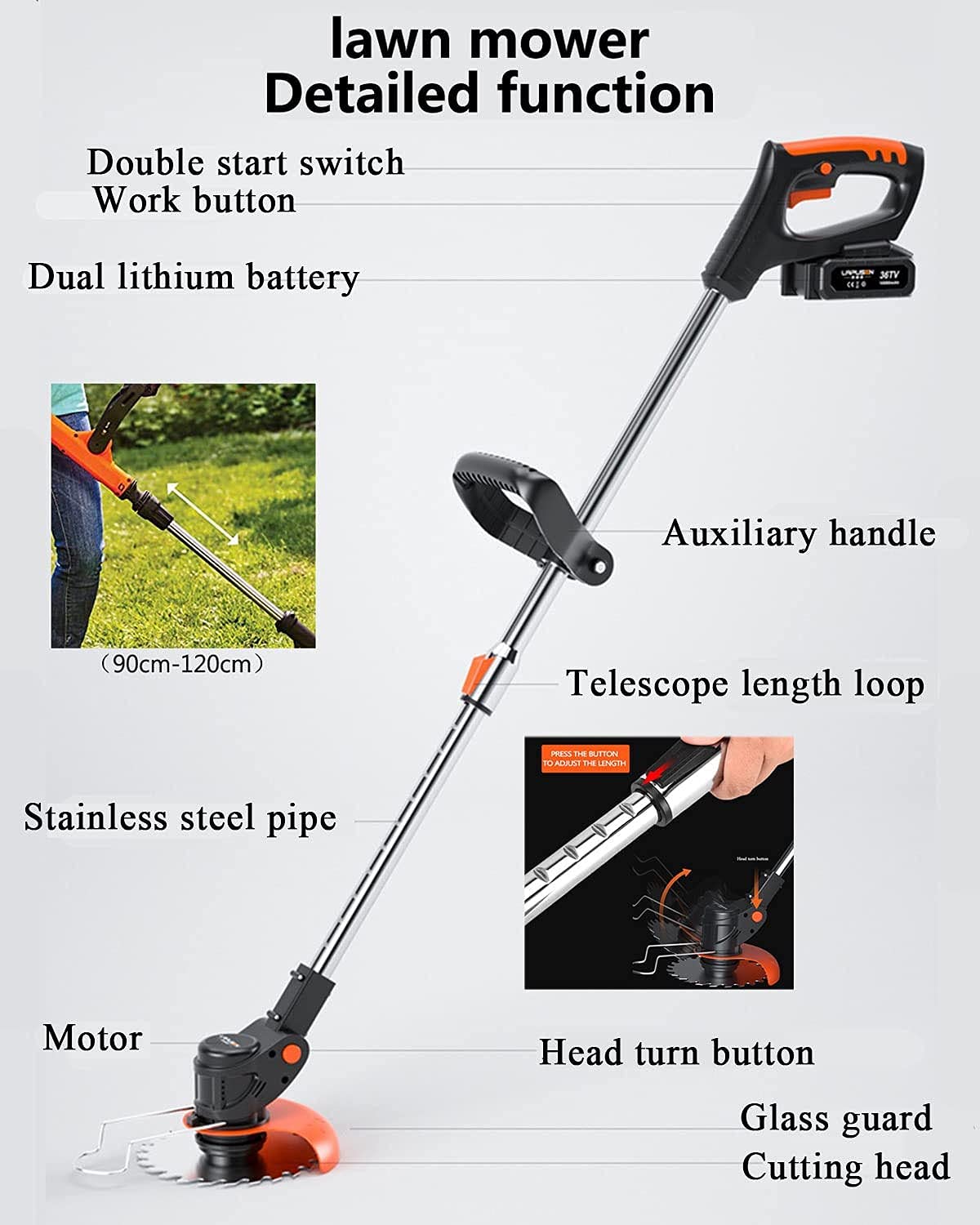 Cortadora de Césped Eléctrica Inalámbrica de 1300 W, Cortadora de Césped, Con Batería de Litio de 36 V, Cargador, Cuchillas de Repuesto, Mango Telescópico para Exteriores Jardines