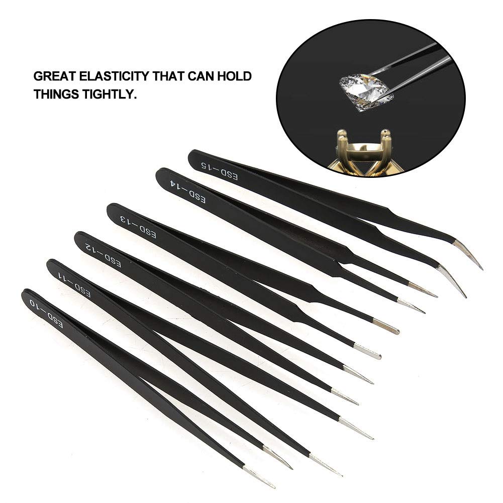 Ensemble de pincettes de précision de 6 pièces, pinceau en acier inoxydable anti-statique avec poignée ergonomique et housses de pointe pour les bijoux, laboratoire