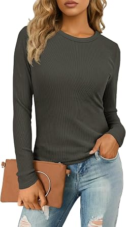IWOLLENCE Womens Ribbed Long Sleeve Crewneck Casual Slim Basic Shirts Fitted Knit Tops