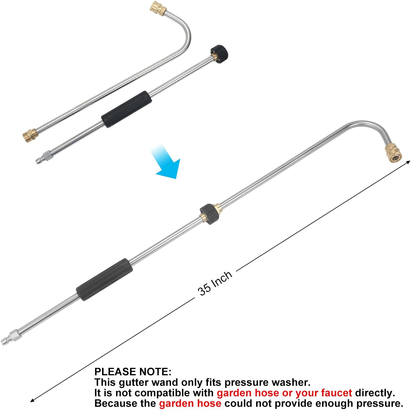 Pressure Washer Gutter Cleaner Rod, Heavy Duty 35 Inch Power Washer Replacement Lance Wand for Gutter Cleaning, RV Roof and Wheel Washing, 4500 PSI, 1/4 inch Quick Connector