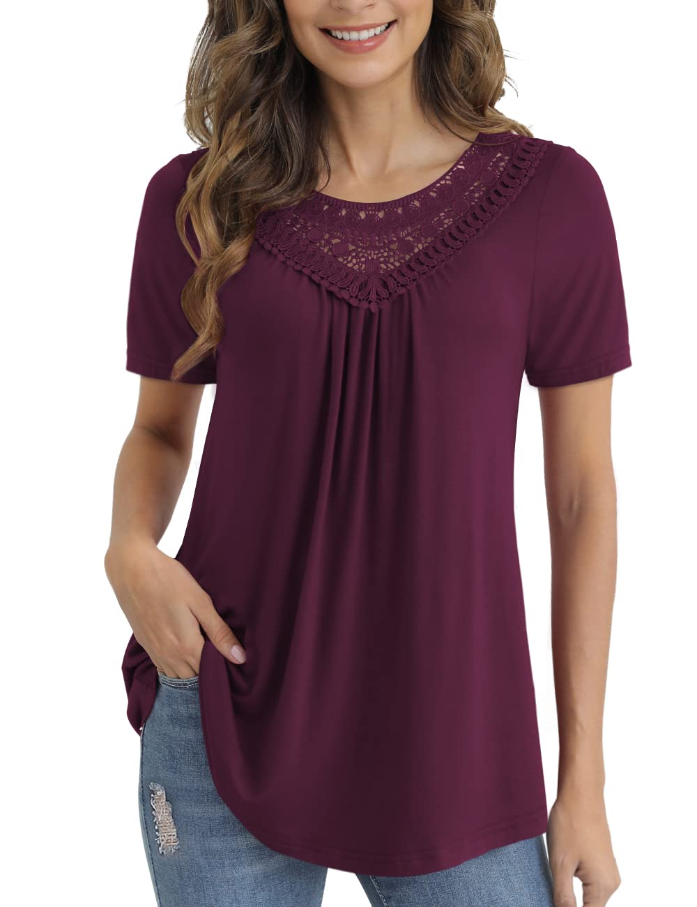 a.JesdaniWomen's Plus Size Summer Tops Short Sleeve Lace Pleated Blouses Tunic Tops M-4XL