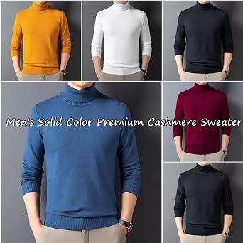 Men's Solid Color Premium Cashmere Sweater, Soft Slim Turtleneck Jumper Winter Chunky Warm Knitted Roll Neck Pullover
