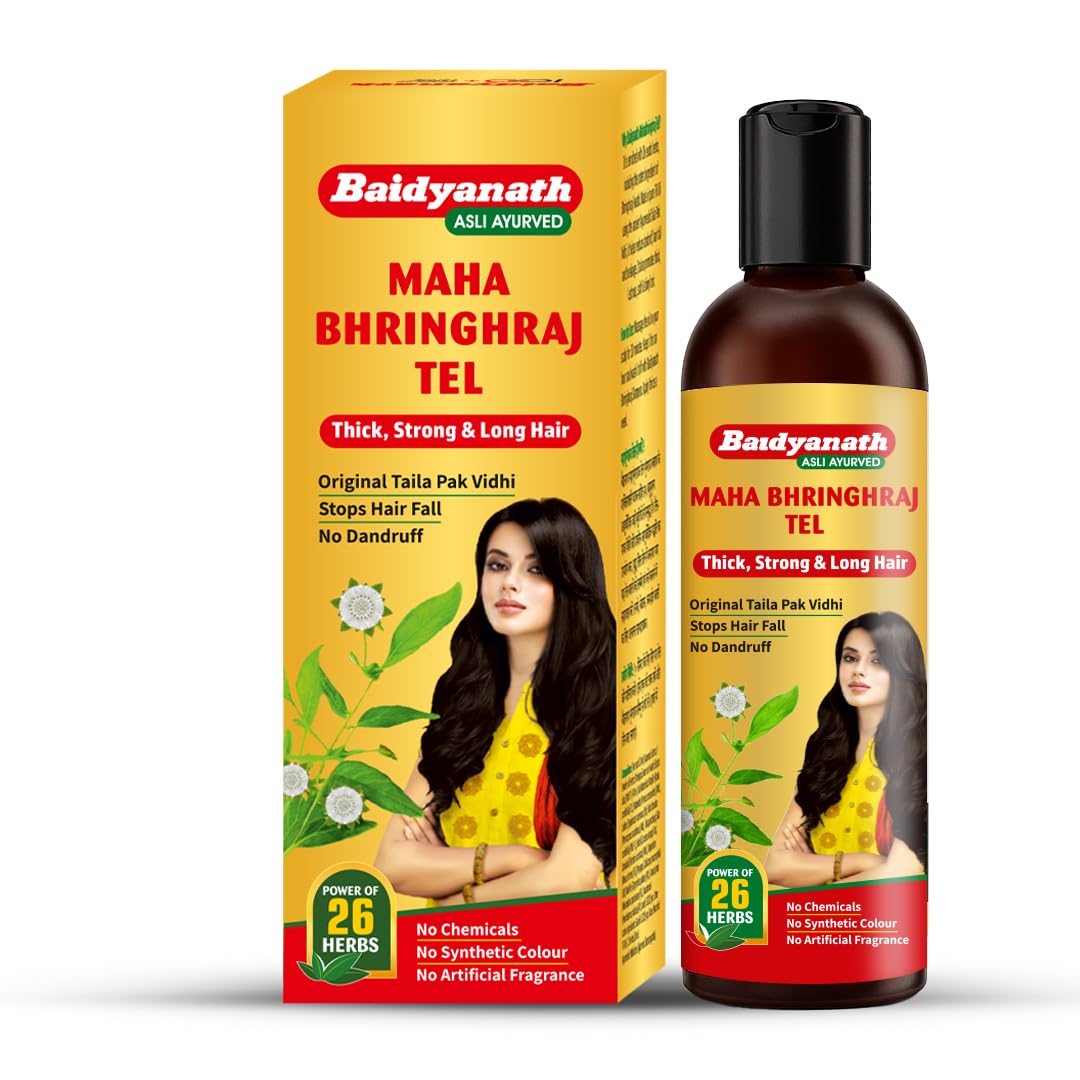 Baidyanath Mahabhringraj Tel | Ayurvedic Hair Oil | For Growth, Dandruff Control, and Hair Fall Prevention with 26 Exotic Herbs | Ayurvedic Medicated Oil | Zero Chemical & Synthetic Colour | 200 ml