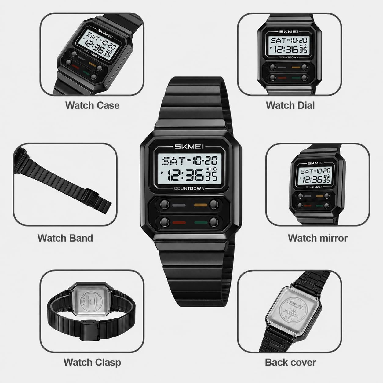 Gosasa Orologio digitale da uomo, stile retrò, quadrato, in acciaio inox