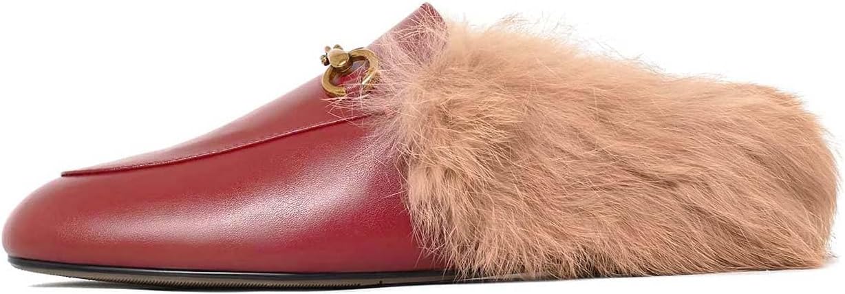 Vertundy Fur Mules with Matal Buckle Slip On Flats for Women Backless Sandals Dress Shoes Work Slides - Image 3