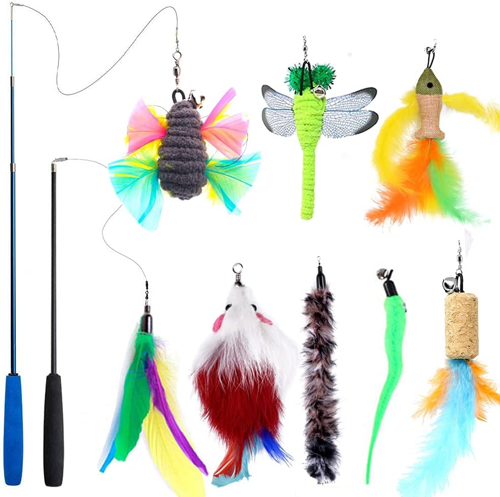 Teeyee [10 in 1 Cat Feather Toys, Cat Retractable Teaser Wand Toy Set, Interactive Cat Chaser Toy Exercising Kitten Cat, Included 2 Wands & 8 Refills Feathers