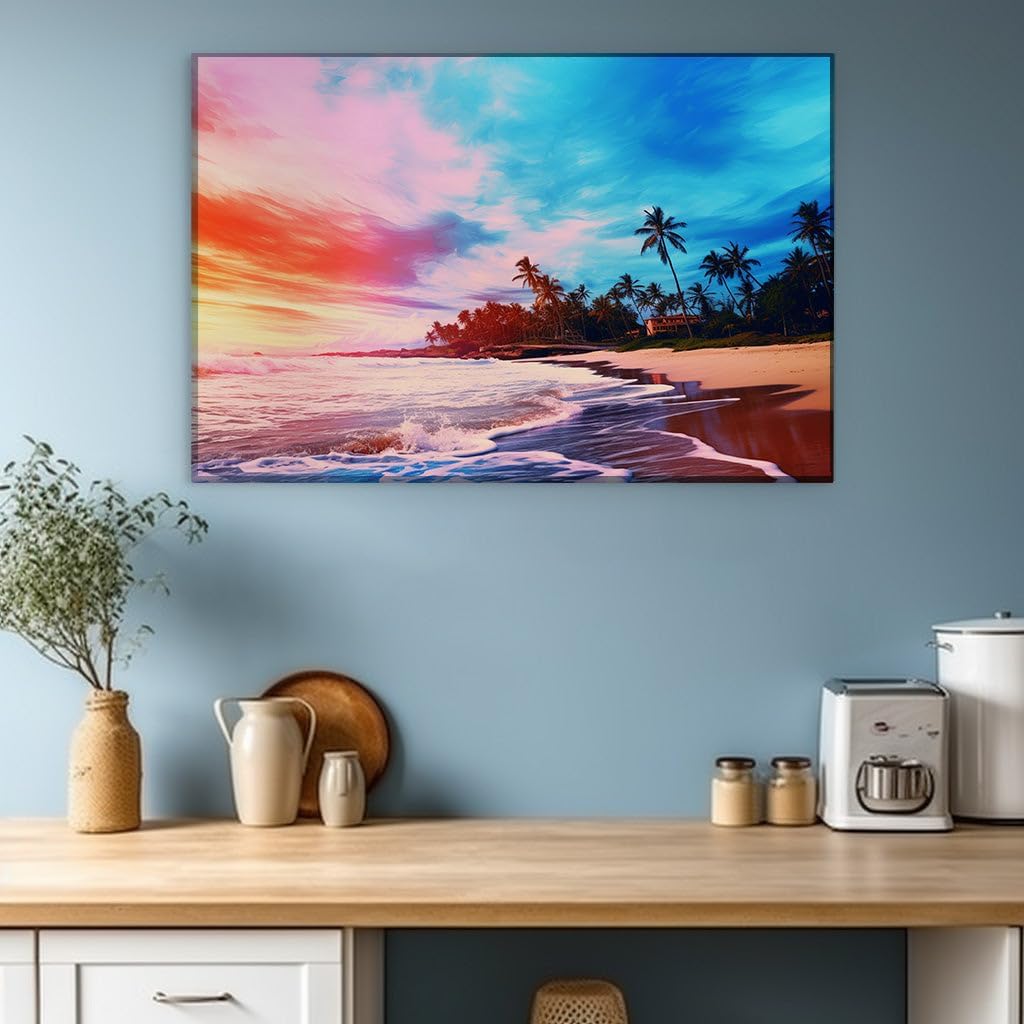 Canvas for Living room. Sunset Serenade: Where Skies Paint the Beach in Hues of Dreams, 27 x 18 inch Canvas Wall Art - Contemporary Masterpieces - Modern Home Decor