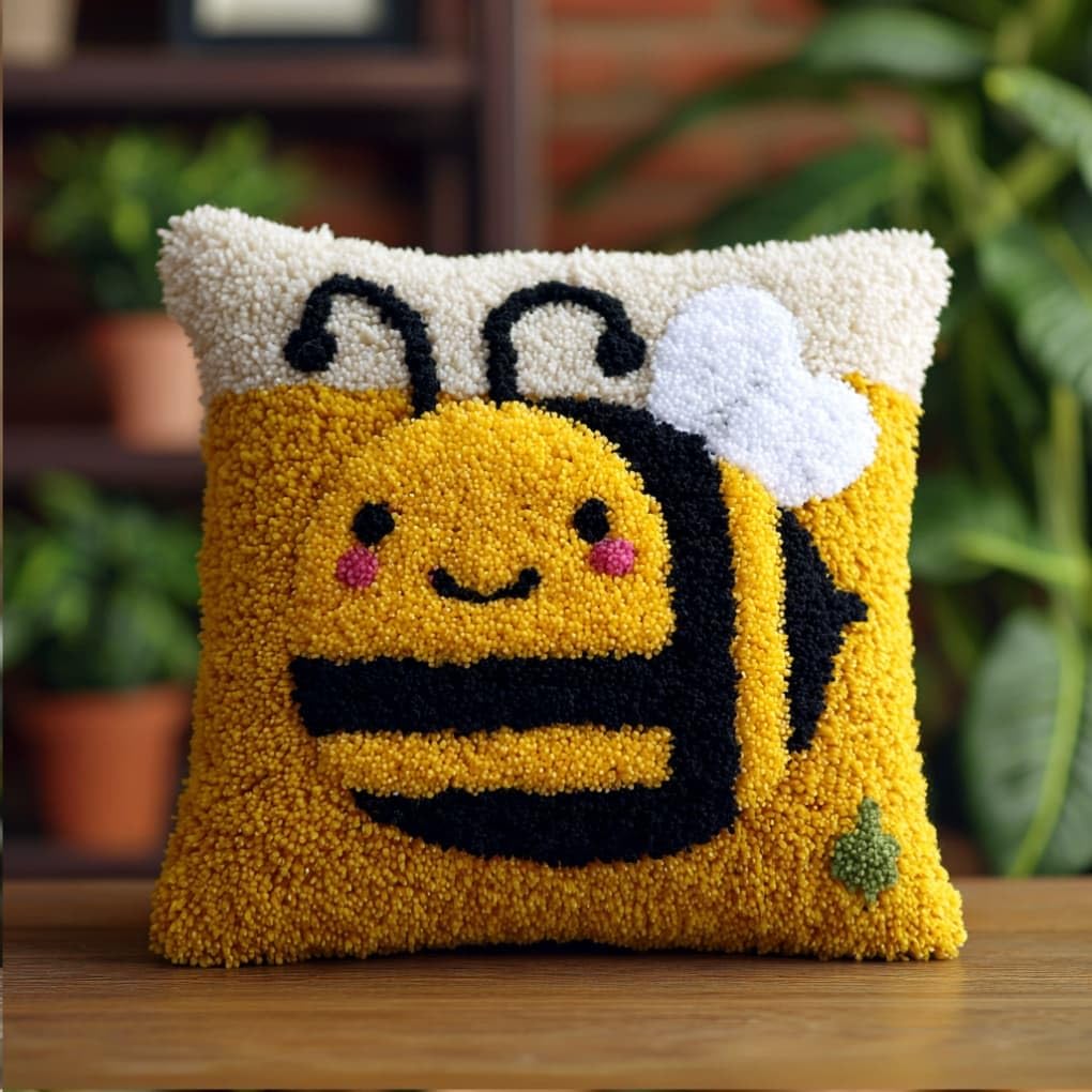 AxiangziK Latch Hook Pillow Kit,Bee DIY Cushion Cover 43X43Cm
