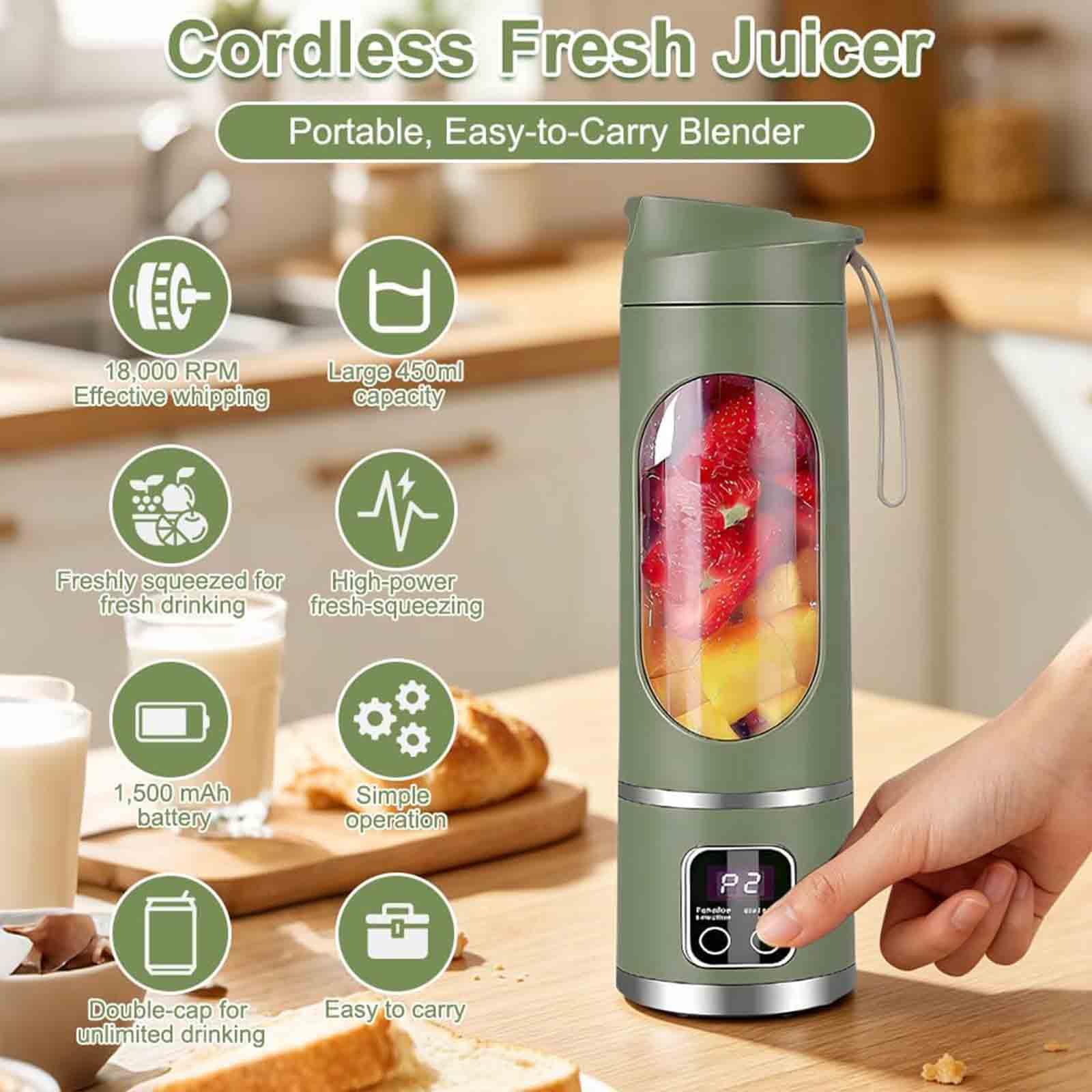 Licuadora portátil para batidos, 450 ml, recargable por USB, mini exprimidor de 12 cuchillas, potente licuadora eléctrica para frutas, batidos, batidos, fácil de limpiar