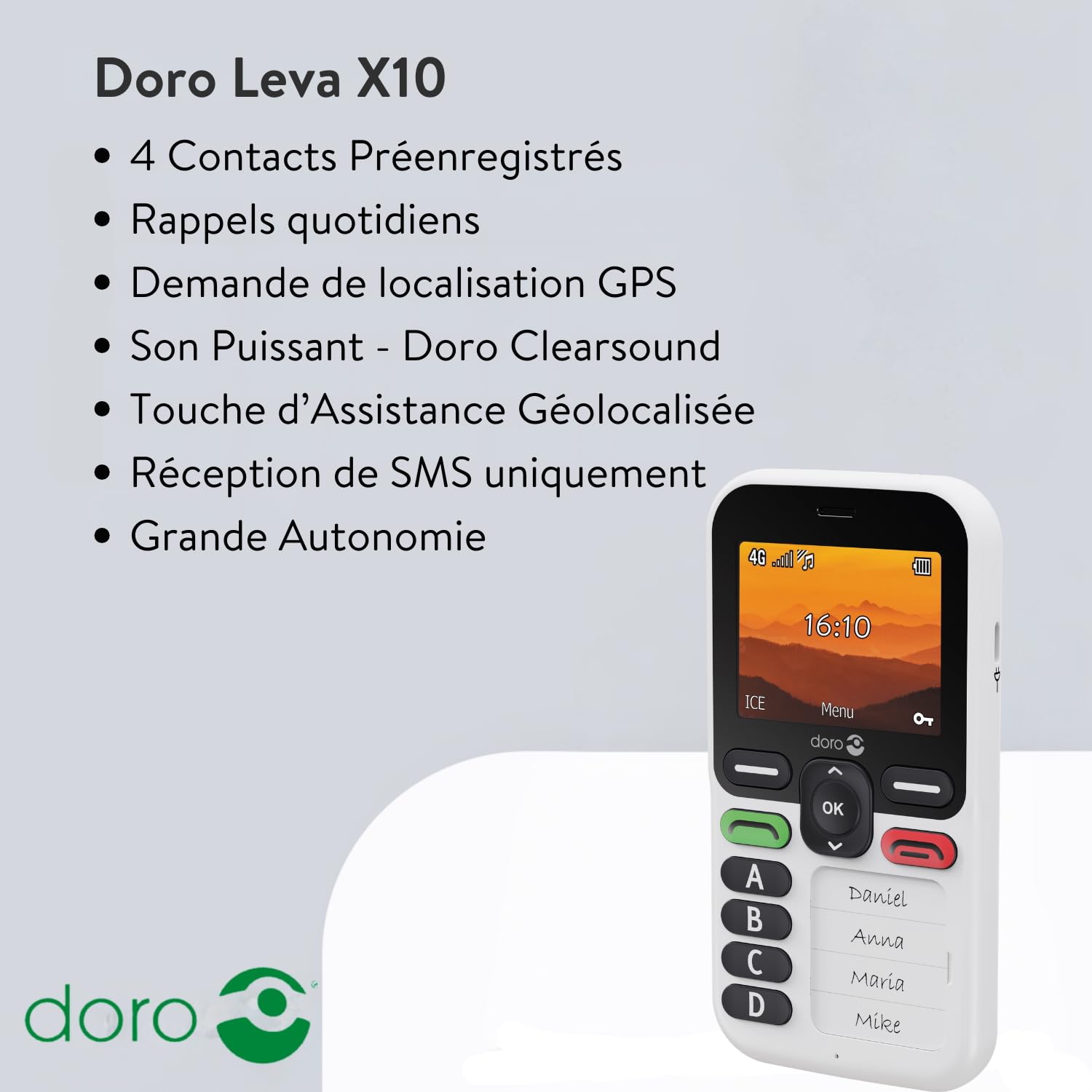 Doro - Leva X10- Téléphone Portable Senior- Téléphone 4G Débloqué- 4 Numéros Pré-Enregistrés- Touche d'Assistance avec GPS- Minuterie de Sécurité- SMS Uniquement -Blanc