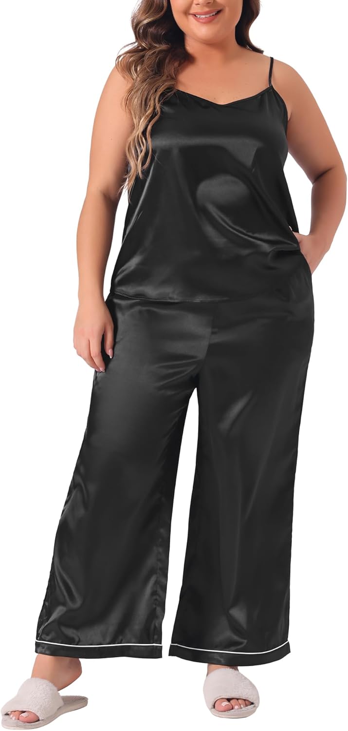 Agnes Orinda Plus Size Satin Pajama Sets For Women Sleepwear 2 Piece Cami Top and Pants with Pockets Nightwear