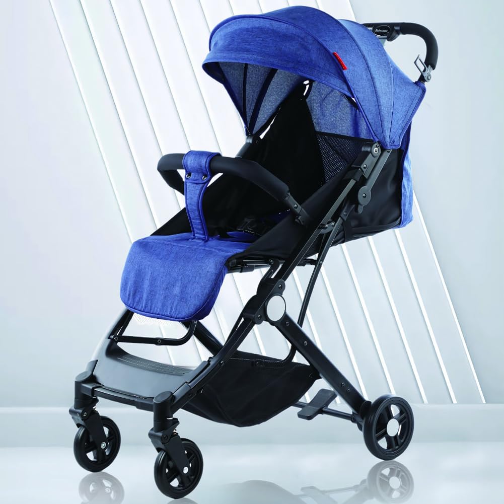BAKAJI Passeggino Easy Ultra Leggero con Chiusura Facilitata Portata Massima 15 kg, Schienale Reclinabile con Cintura di Sicurezza a 5 Punti, Pieghevole con Una Mano, Salvaspazio (Blu)