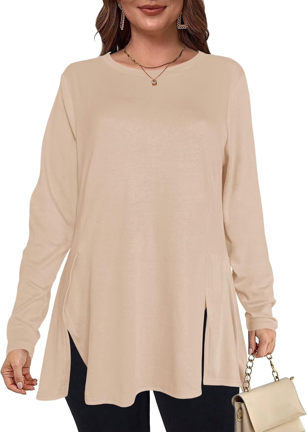 Afibi Crew Neck Long Sleeve Tunic Tops for Women Loose Fit Dressy for Leggings with Side Split - Image 3