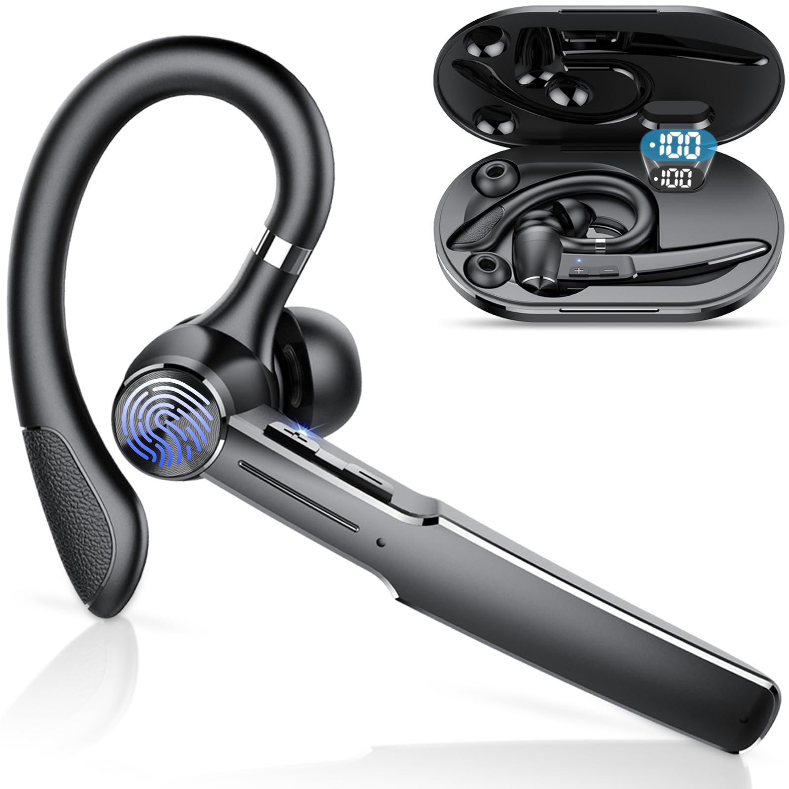 Auricolari Bluetooth V5.3, Auricolare Bluetooth Singolo con HD CVC8.0, Auricolare con 110 Ore, 4 Mics Cuffie Bluetooth Singolo con Funzione di Riduzione del Rumore, IPX7 Impermeabile/Guida/Lavoro/Nero
