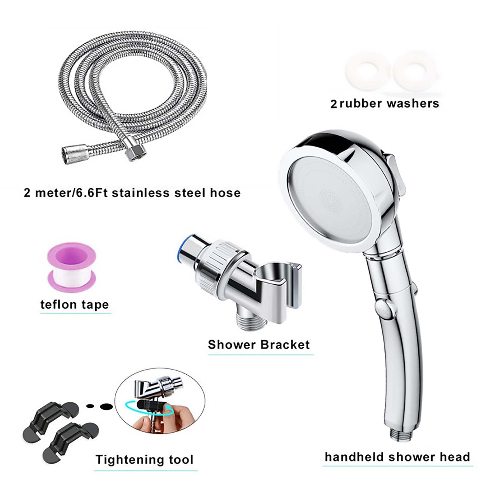 HAILM Pommeau Douche Pression 4 Modes, avec Interrupteur on/Off, Tuyau Acier Inoxydable Extra Long 6,6ft et Support Douche, pour Bains/Bateaux/Camping-Car/Salons Coiffure