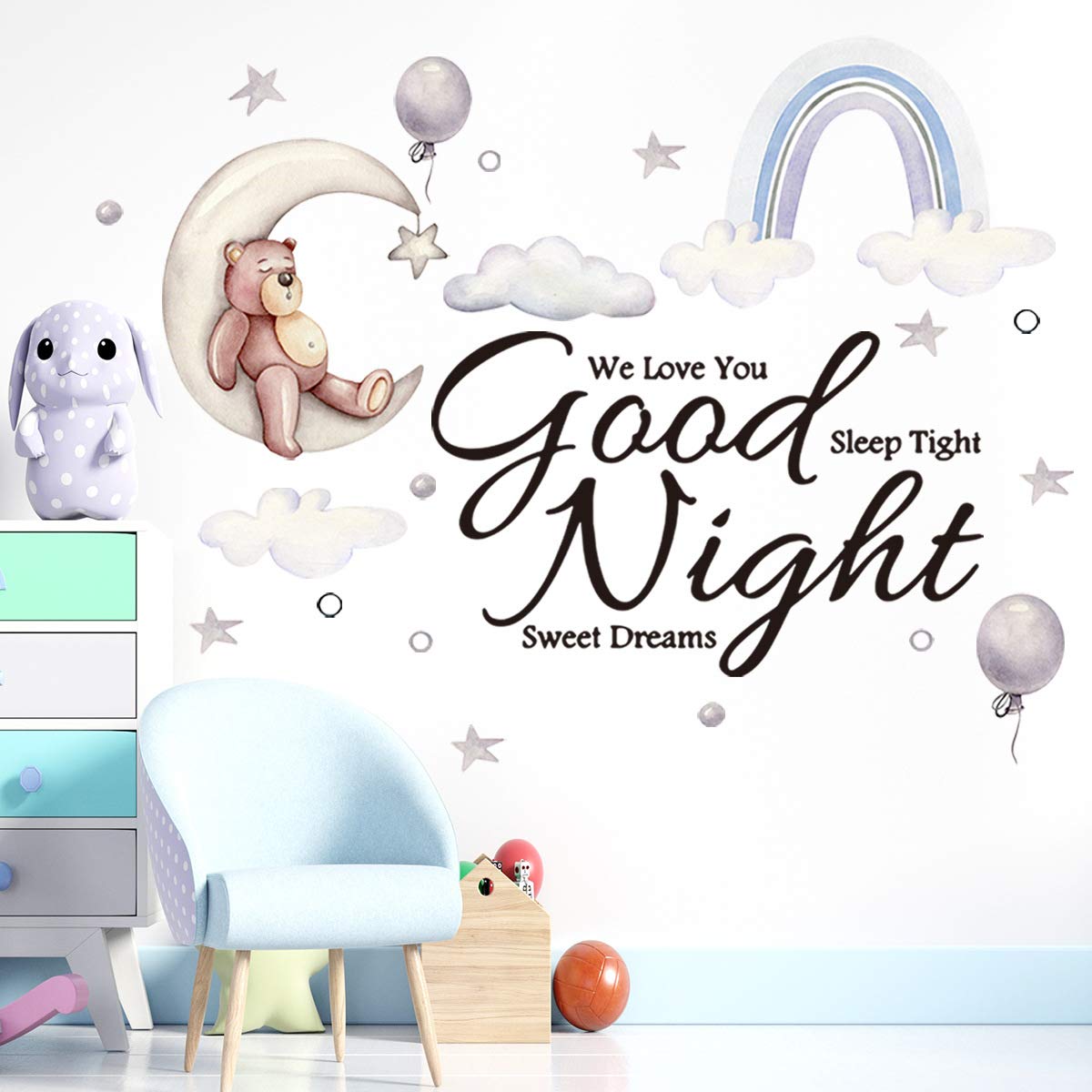 NPNG Words Good Night Bear Moon Rainbow Wall Sticker Decor Bedroom Living Room Baby Goys Girls Art Decoration Children Gift