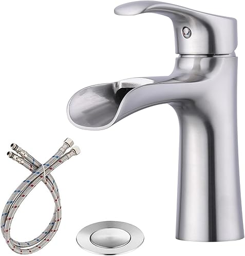 Miniatura 1 de NEWATER Grifo de baño de latón cascada de una sola manija, color dorado cepillado, grifo dorado de un solo orificio para lavabo de baño, grifo de