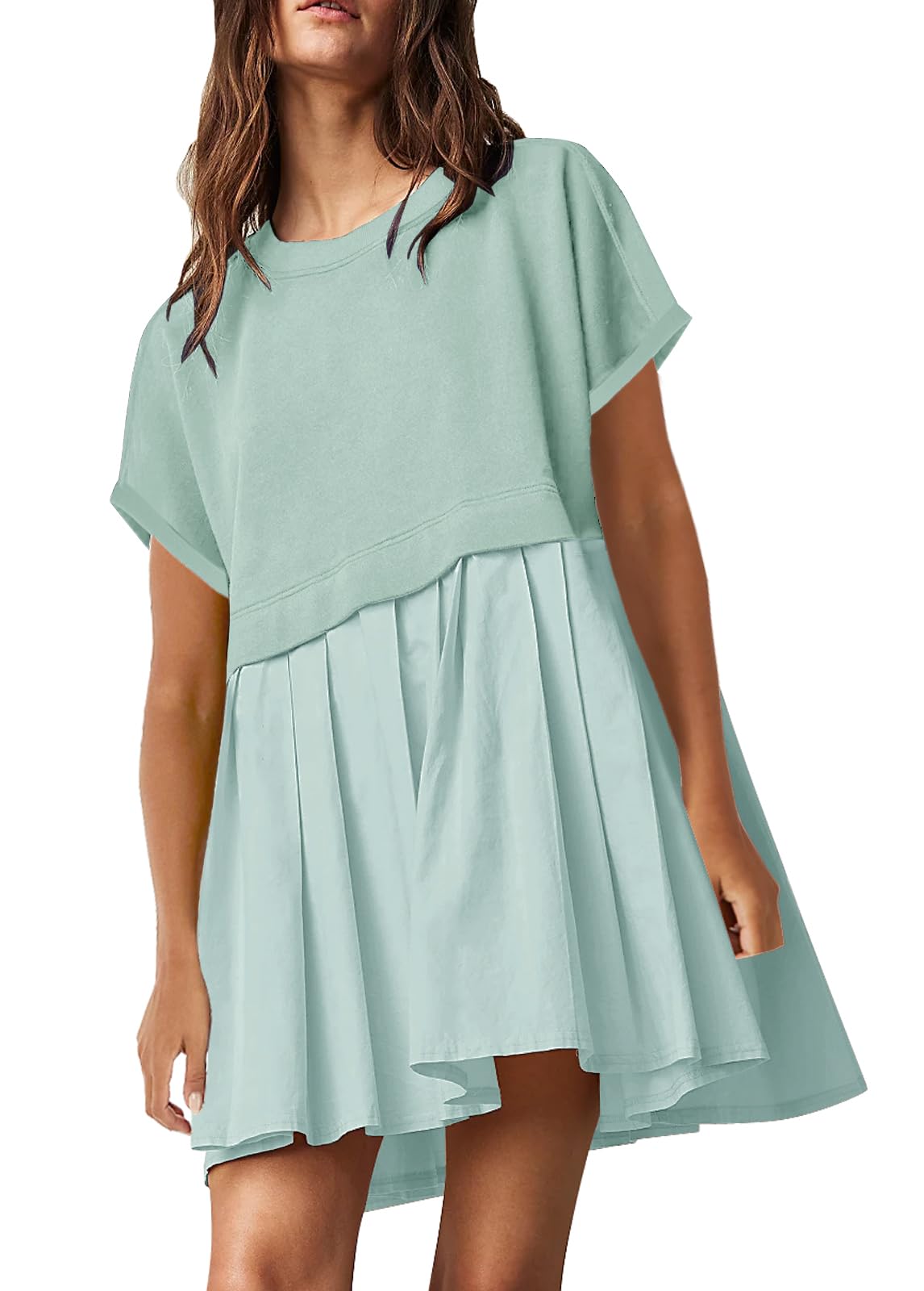 SAUKOLE Womens Summer Crew Neck Short Sleeve Dress Patchwork Pleated A Line Beach Mini Dress