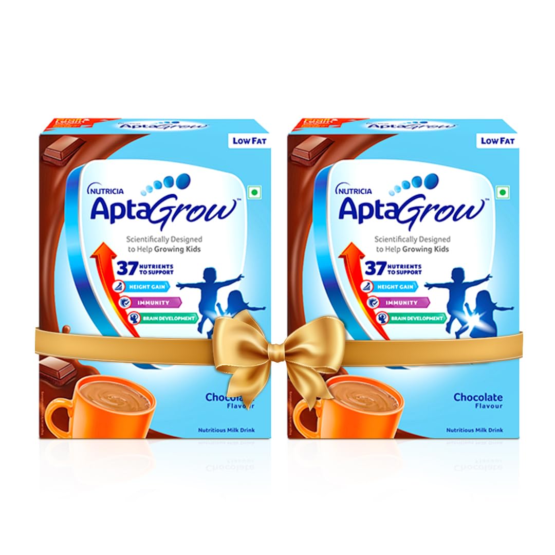 AptaGrow Milk Drink Powder for Kid s Height Gain, Immunity & Brain Development, Nutritious & Tasty Chocolate Flavor, 400g | 37 Nutrients | Prebiotics | Low Fat | Veg | Pack of 2
