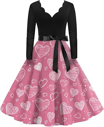 Womens Valentines Scalloped Neck Top and A-line Mesh Skirt Dress with Heart Print Waist Tie
