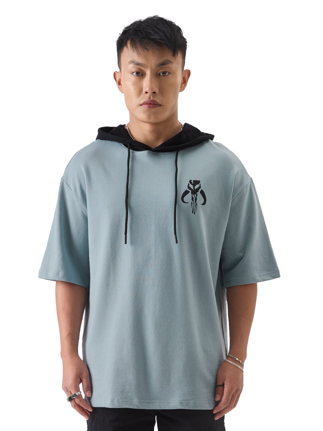 The Souled Store Official Star Wars: The Mandalorian Men and Boys Regular fit Graphic Half Sleeve Cotton Grey Color Hooded T-Shirts