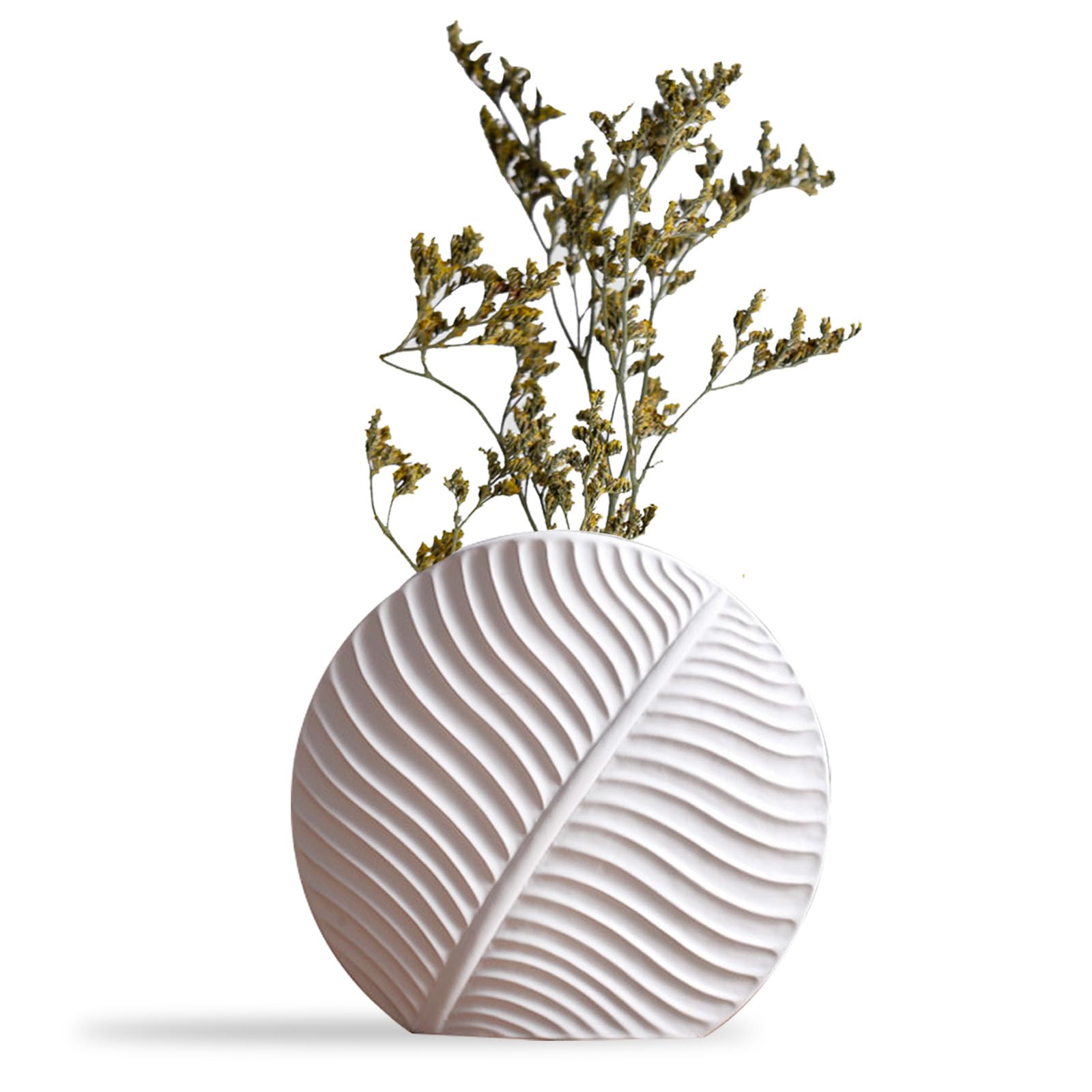 Kingbar Vase Blanc,Vase à Feuilles Plates en Céramique Style Nordique Vase en Porcelaine Veines De Feuilles Antidérapant Cuisine étagère Décor pour Décoration Et Cadeau, M