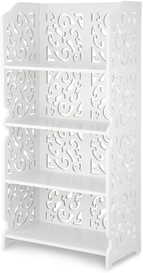 Finether 4-Tier Baroque Style Waterproof Display Shelving Units Modular Wood Plastic Composite Storage Rack Shelving Organizer for Kichen, Home, Bathroom Decorative Shelves, White