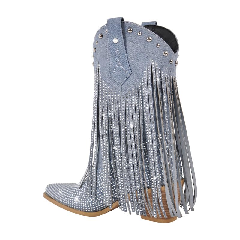 sexytag Women's Sparkly Fringe Cowgirl Cowboy Boots for Women Wide Calf Tassal Western Mid-calf Boots3