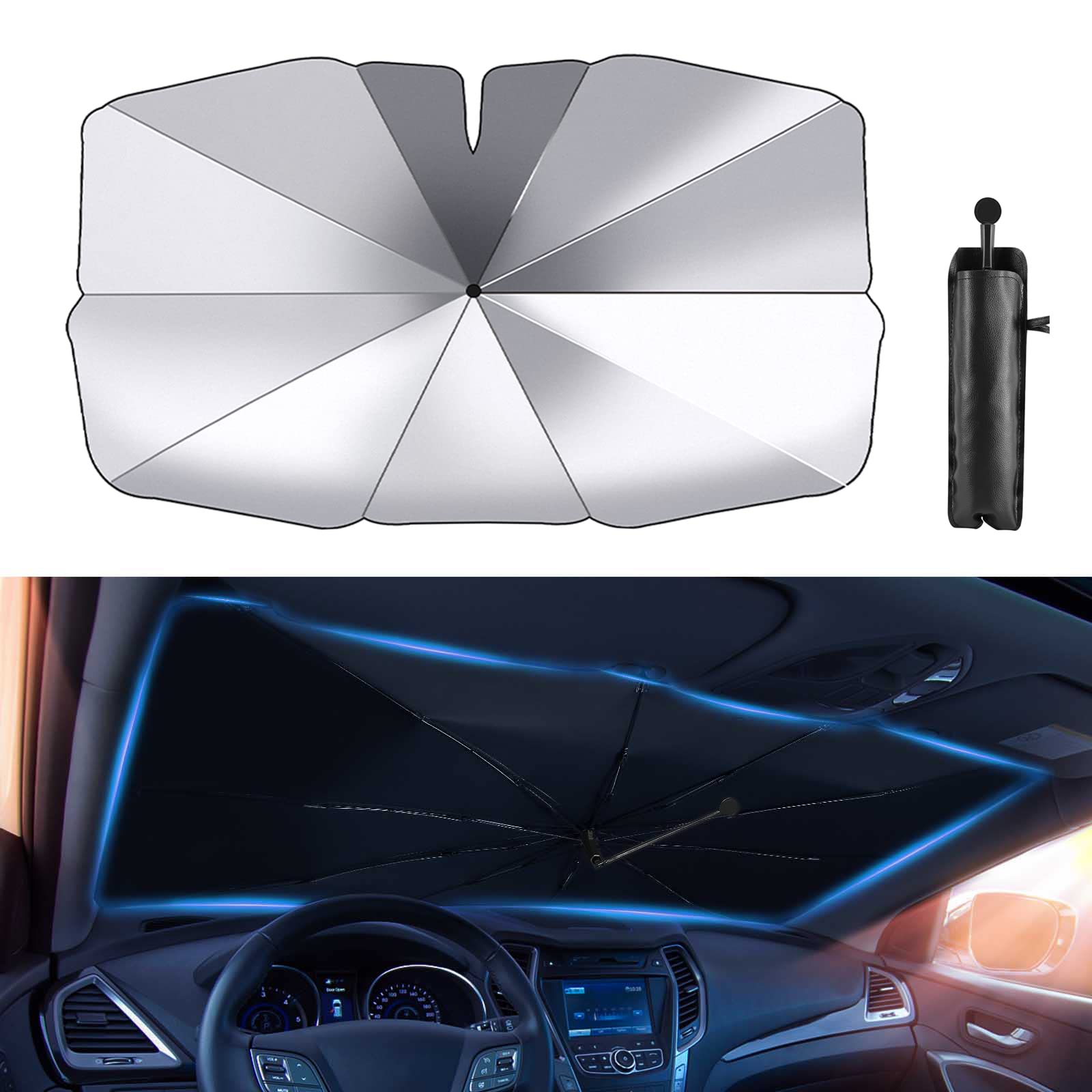 FIRAWER Car Windshield Sun Shade Umbrella for Most Vehicles, 2024 Upgraded Sunshade Car Windshield Umbrella with 360° Bendable Handle for Protect Car Interior, Full Cover Shade UV/Block Heat, 57x33 in