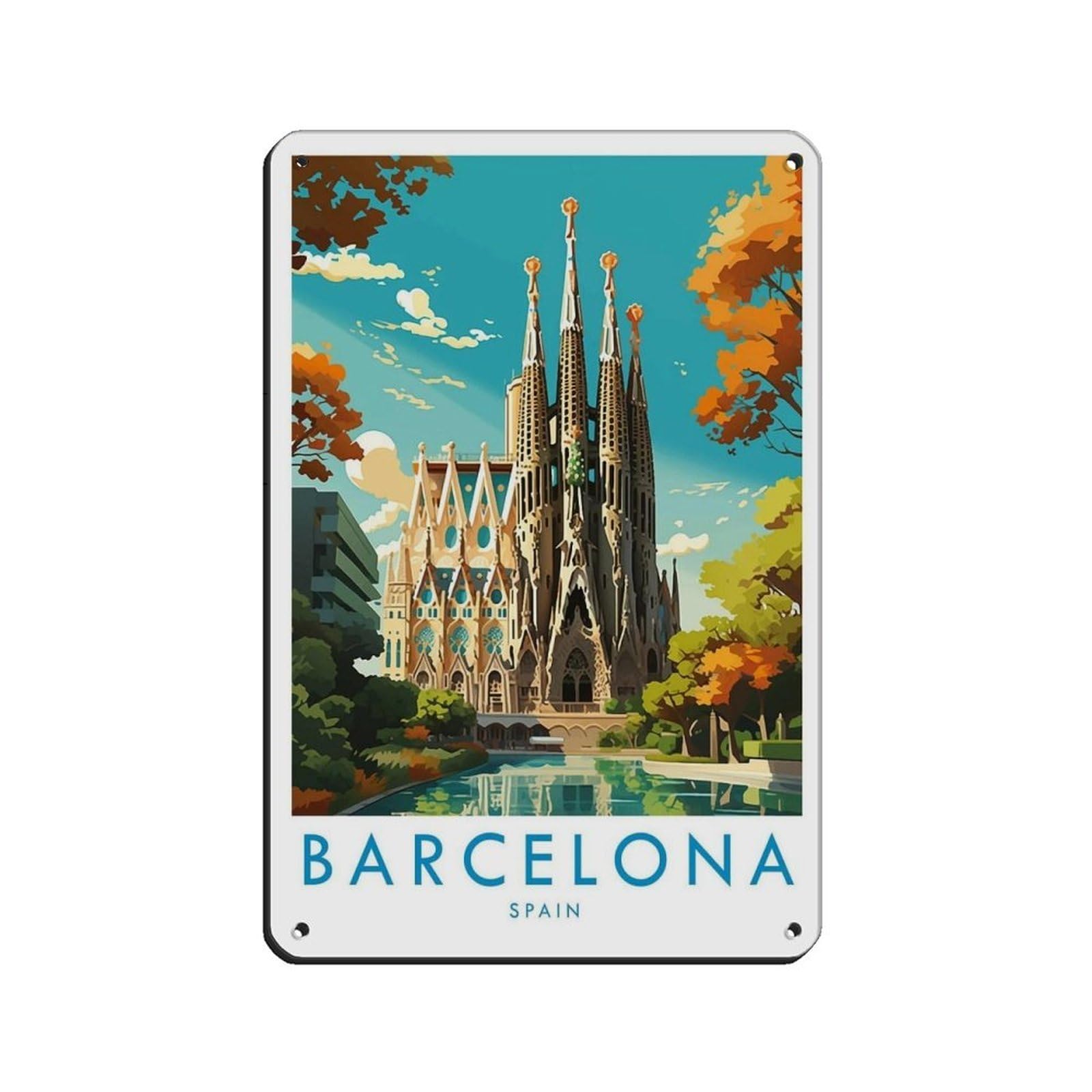 Barcelona Travel, Barcelona Travel Poster Tin Sign Vintage Metal Pub Club Cafe Bar Home Wall Art Decoration Poster Retro 8x12inch(20x30cm)