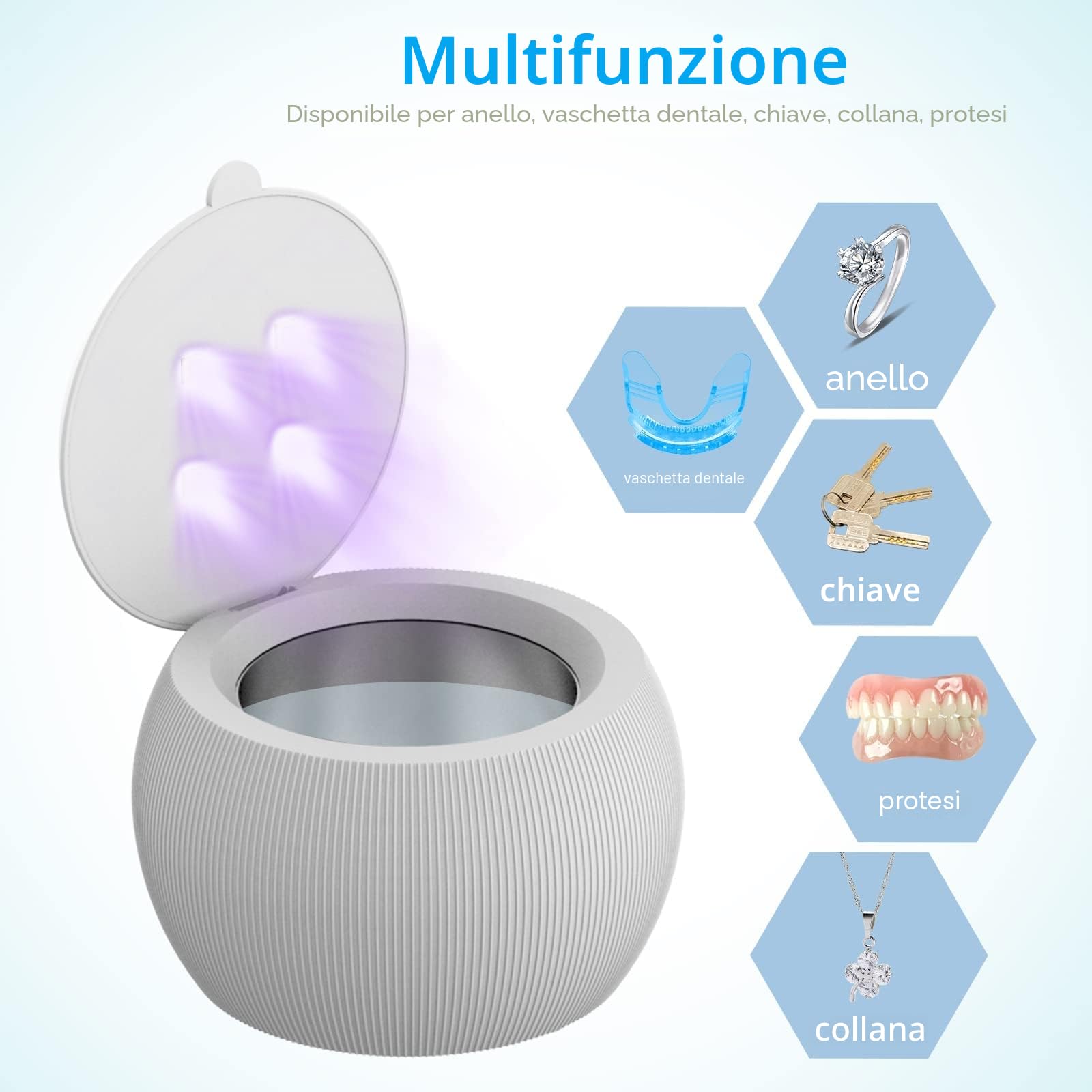 Macchina di pulizia ad ultrasuoni UV per protesi, allineatori, fermi, vasche sbiancanti, paradenti, macchina di pulizia ad ultrasuoni per tutti gli apparecchi dentali (200ML)