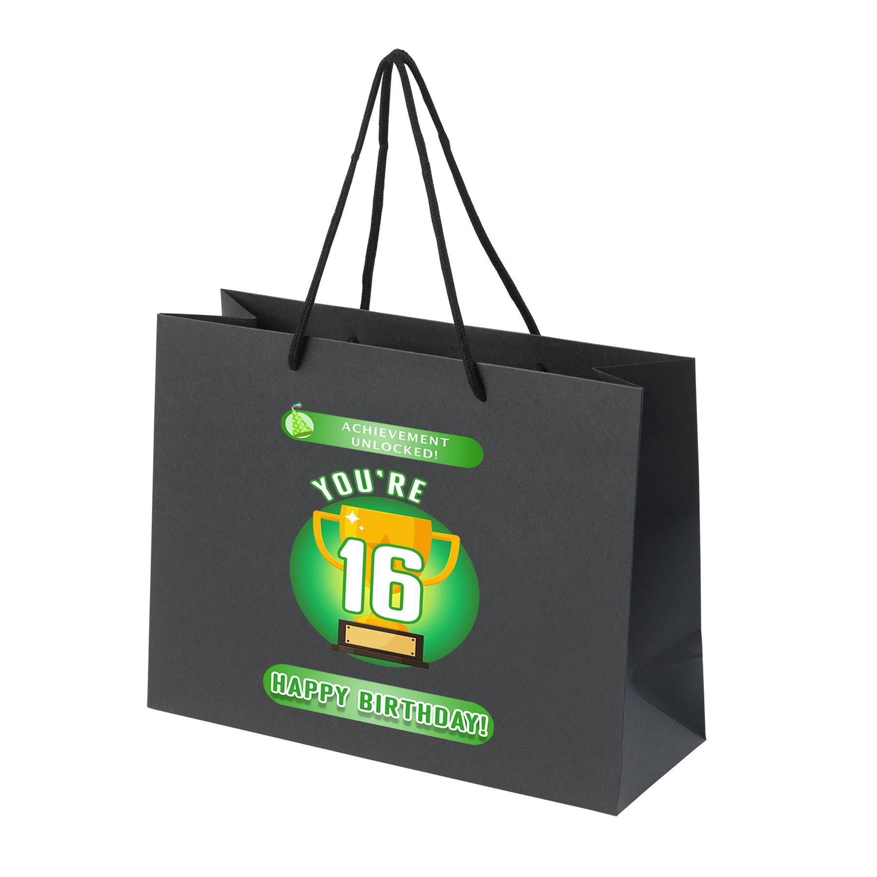 16th Birthday Gift Bags - Paper Gift Bag for Teenage Boys and Girls - Gift Bags with Rope Handles - Recycled Eco Friendly Presents Bag - You're 16 - Black - Large