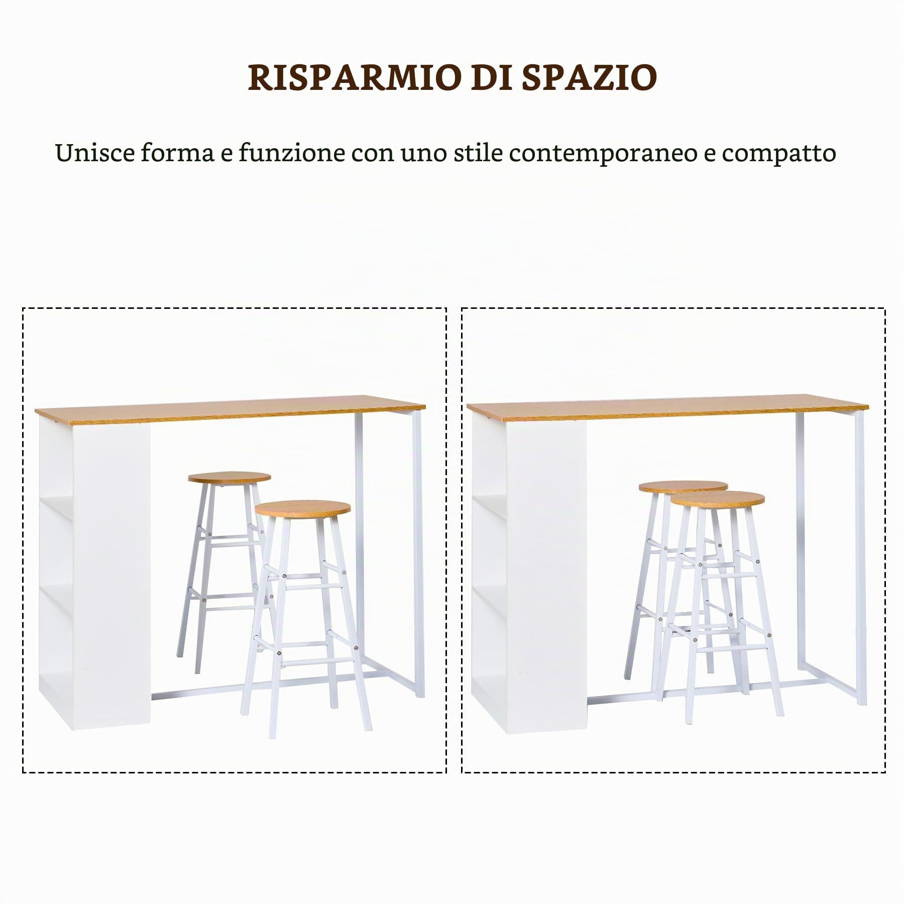 DlandHome Tavolo da bar con 3 armadietti di stoccaggio+ 2 sgabelli alti set per bar da 3 pezzi per 2 persone tavolo da pranzo per cucina/sala da pranzo/soggiorno in teak / bianco