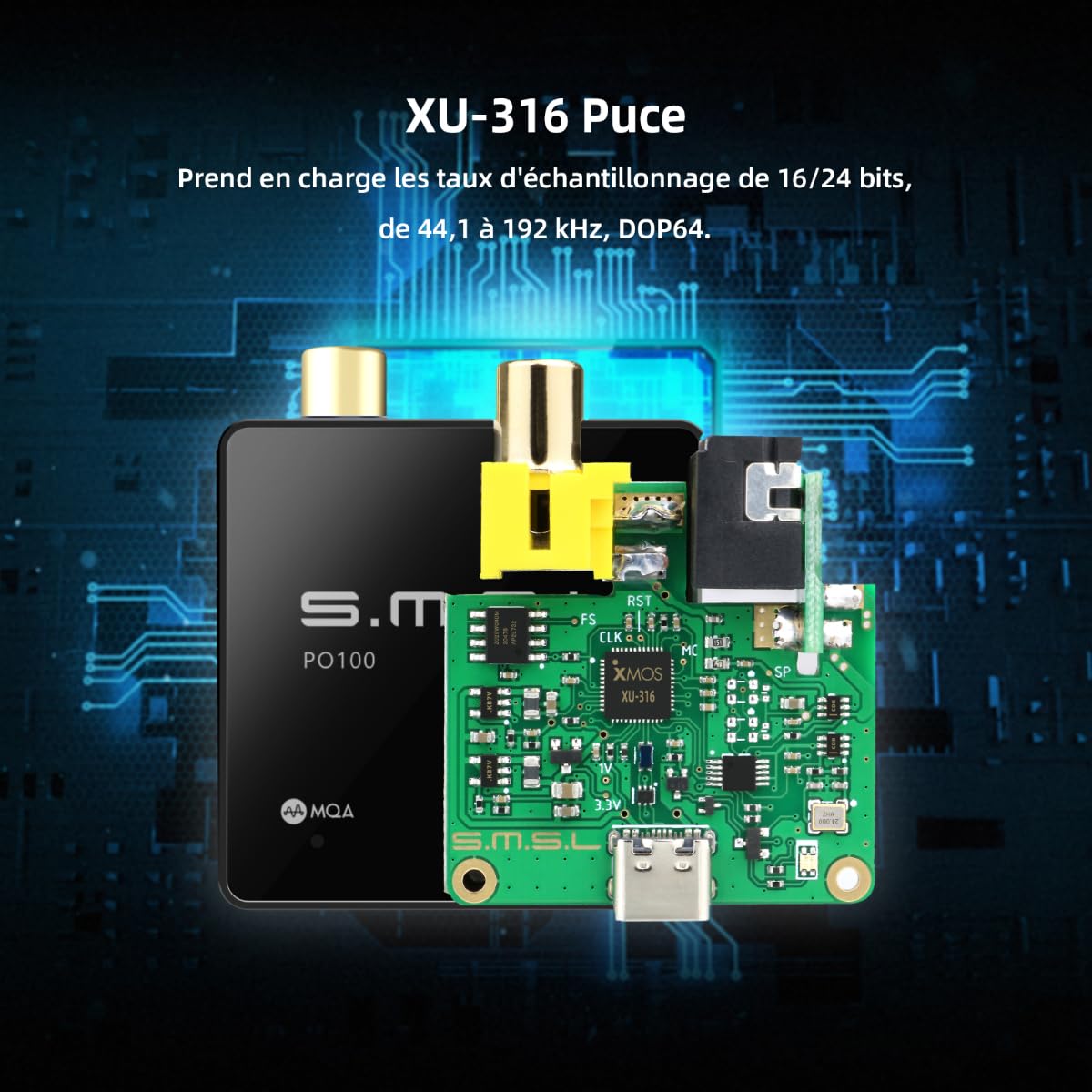 SMSL PO100 2024 convertisseur audio numerique analogique XU316, Décodage MQA USB vers Toslink Coaxial/Optique Audio Adaptateur, Petit adaptateur de câble USB à Coaxial pour Téléphone/PC (Noir)