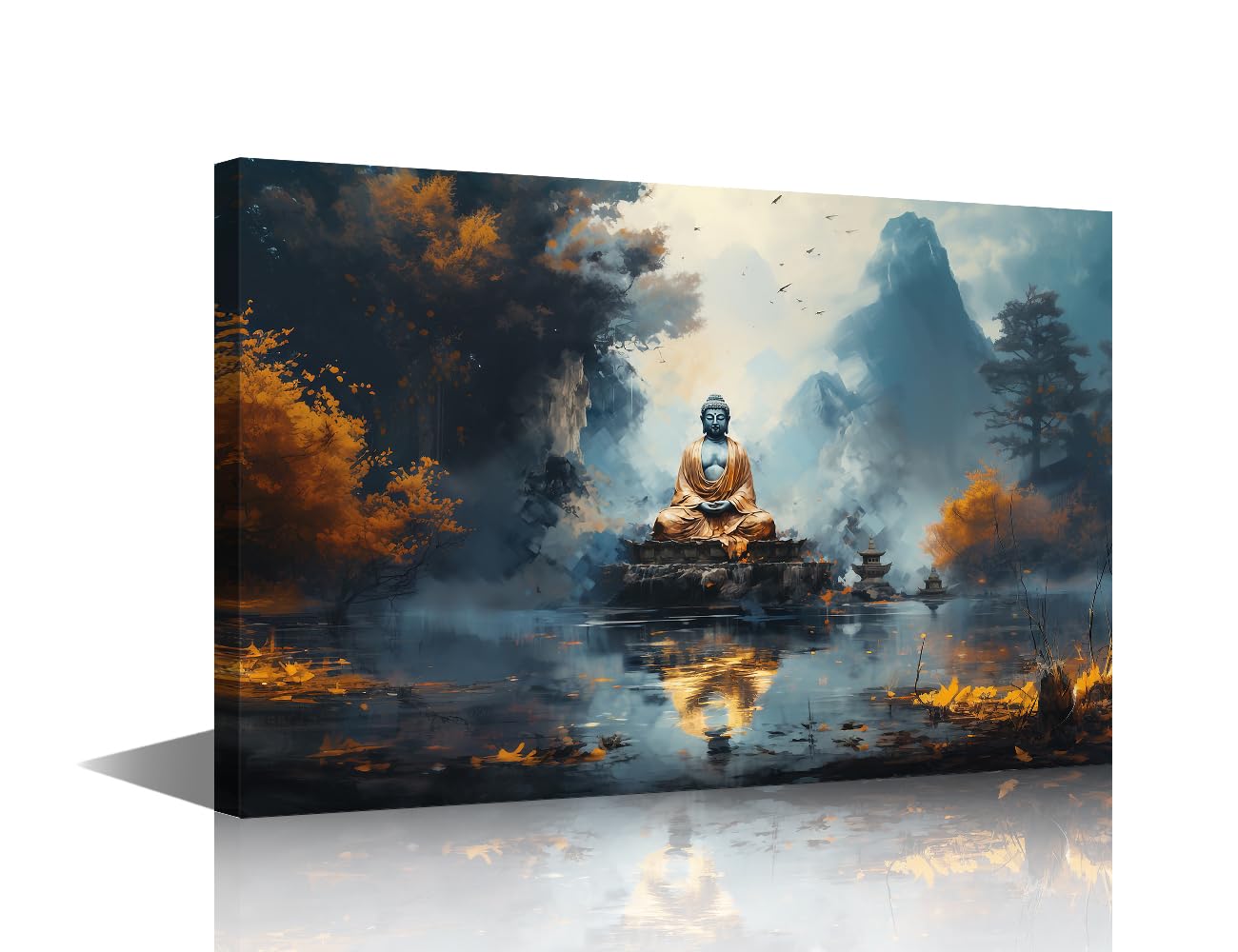 TISHIRON 1 Panels Meditating Buddha Home Decor Wall Bronze Buddha Large Canvas Wall Art Autumn Lake Bedroom Wall Decor Pictures Posters & Prints Modern Home Decor Framed Ready to Hang (24" Wx36 H)