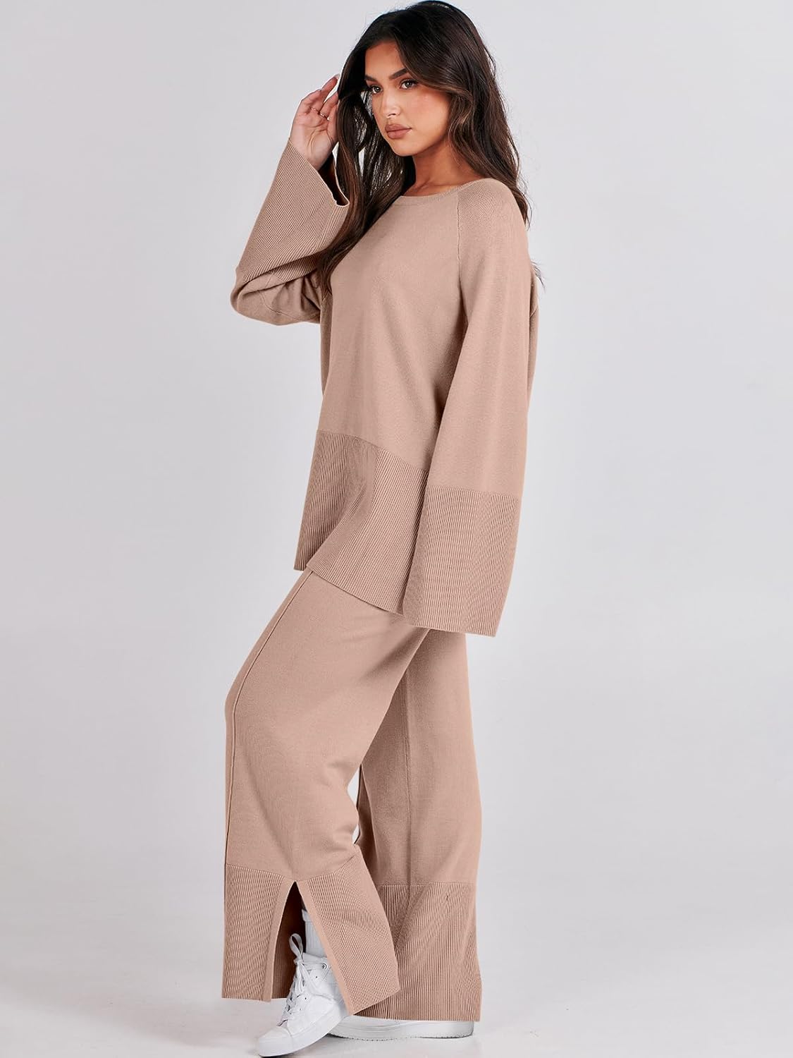 Vista 8 de ANRABESS Conjunto de 2 piezas para mujer, sudadera de punto de gran tamaño y pantalones de pierna ancha con cordón