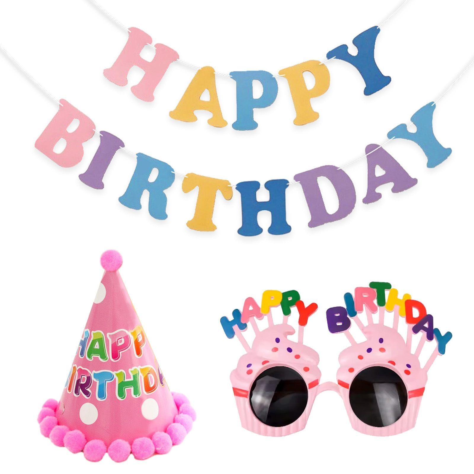 Rnskfg Multicolor 1 Set Of Birthday Banners, 1 Pair Of Glasses, 1 Hat, Colorful Letters To Pull Flags, Birthday Party Decoration, Party Scene Arrangement.