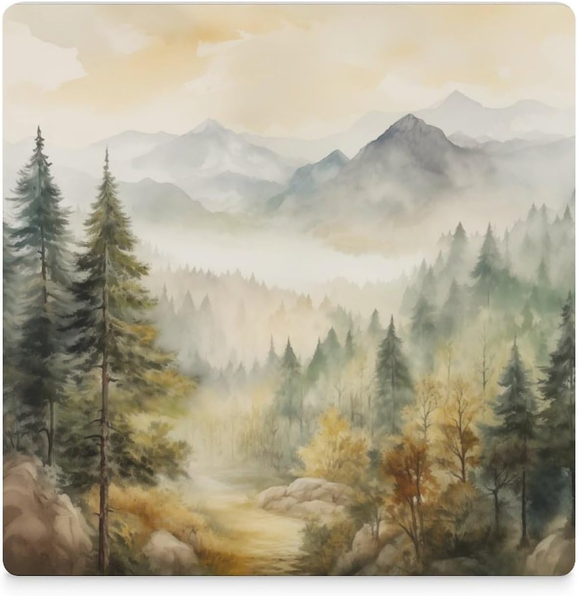 Forest Drink Coasters, Square Ceramic Drink Coaster Square-6PCS, Watercolor Mountain Forest Nature Tree Woodland Decor Absorbent Ceramic Coasters for Beverage Cup, Bar, Coffee Table