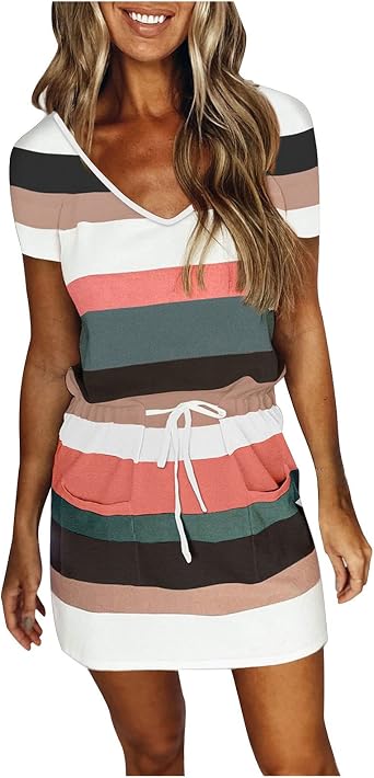 Dresses for Women 2025, Trendy Striped Beach Cover Up Boho Mini Dress Summer Casual Tunic Dress with Pockets