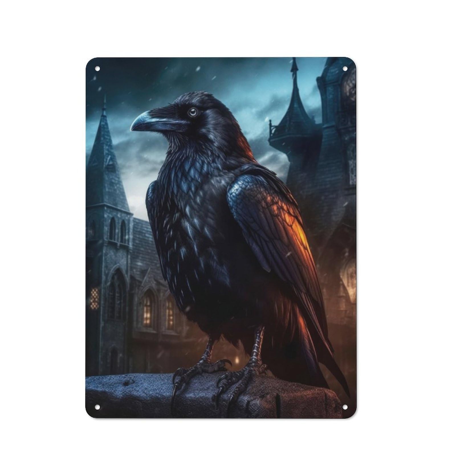 Industrial Fantasy Raven in Castle Decorative Metal Plaque 40x30cm, Studio Wall Art for Flat, Bar, Studio Or Gallery Wall