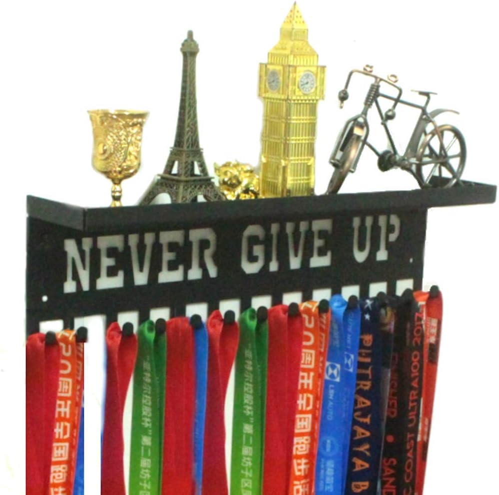 Never Give Up Sports Awards Medal Hanger Display, 3" Trophy Shelf Medal Holder with Hooks, Easy Install Wall Shelf and Ribbon Holder Wall Shelf (Black)
