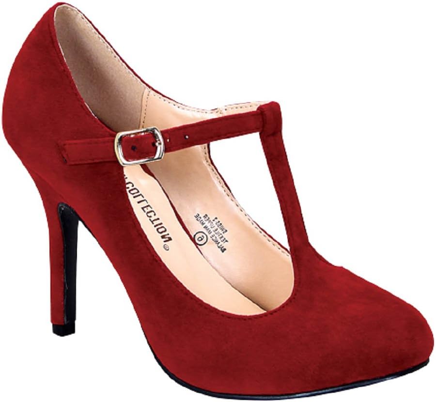 Blsm Swissx2 Women's Closed Toe T-Strap Platform Pumps Faux Suede Medium High Heels Wine Red 9