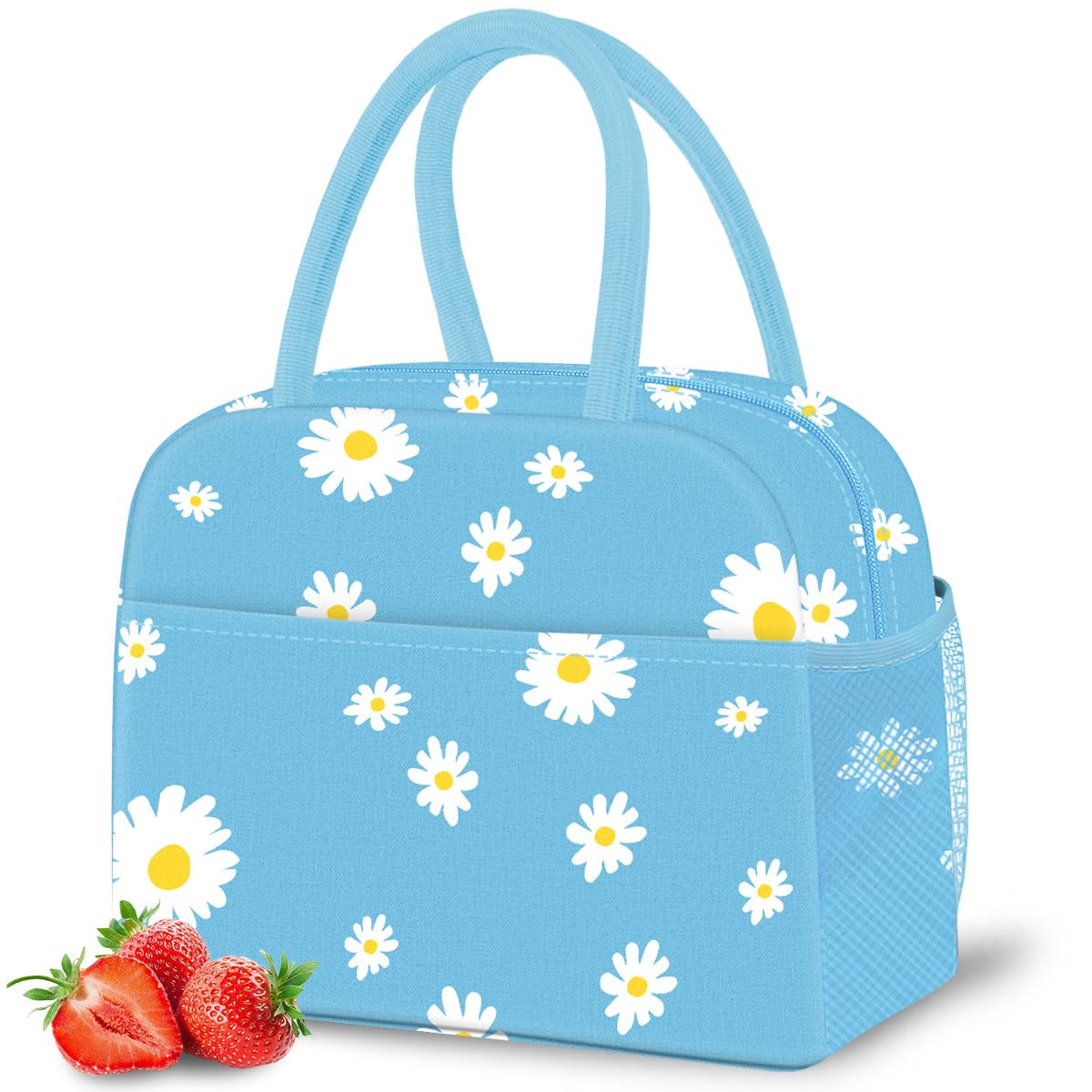 DALINDA Lunch Bag Lunch Box for Women Men Reusable Insulated Lunch Tote Bag,Food Handbags Case High Capacity for Travel Work Picnic,Sky Blue Daisy