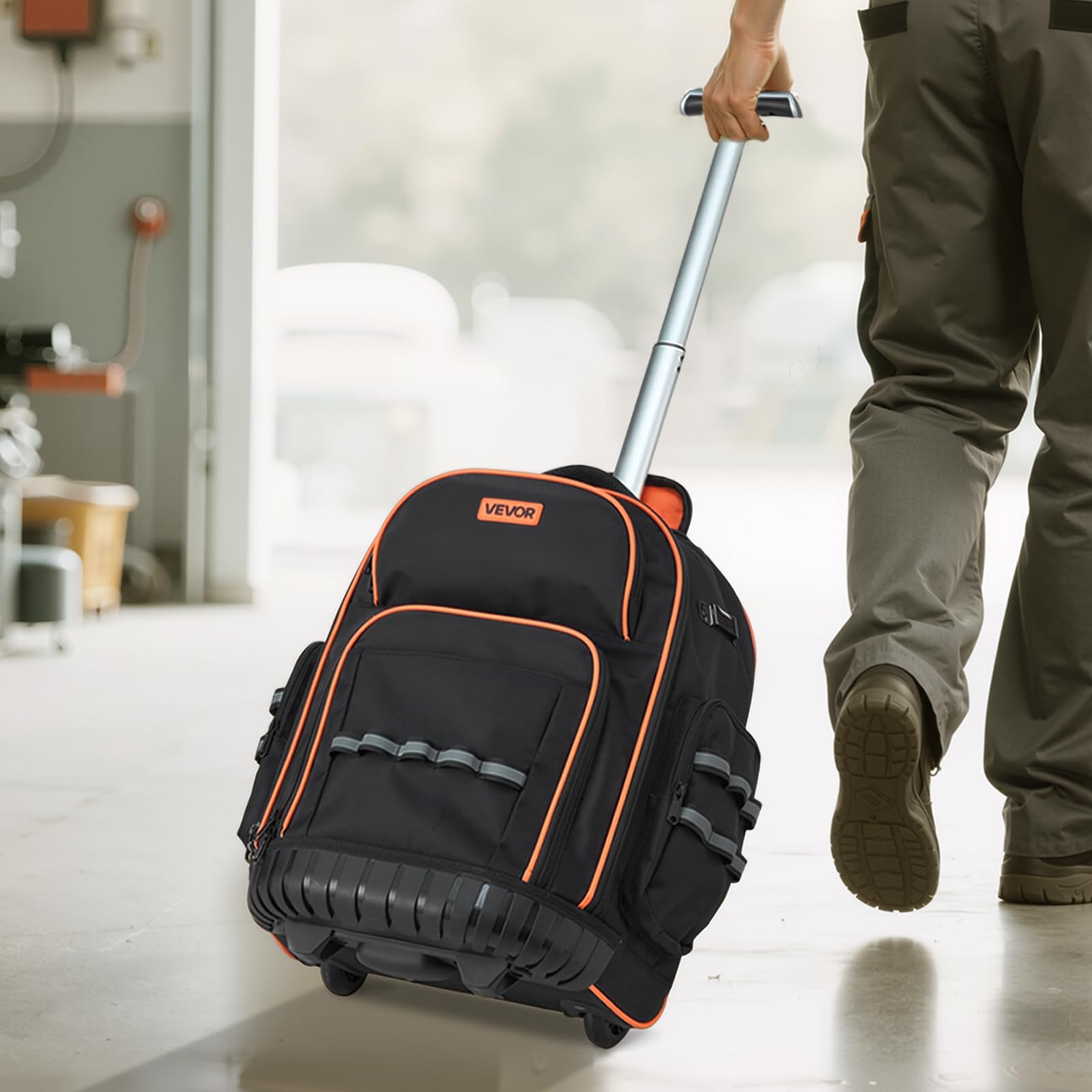 VEVOR Zaino Portautensili con Ruote, Capacità 50 kg, Borsa Portautensili con Ruote da 45 Tasche, Maniglia Telescopica Regolabile e Base Stabile, Organizzatore per Borse per Edilizia, Meccanico