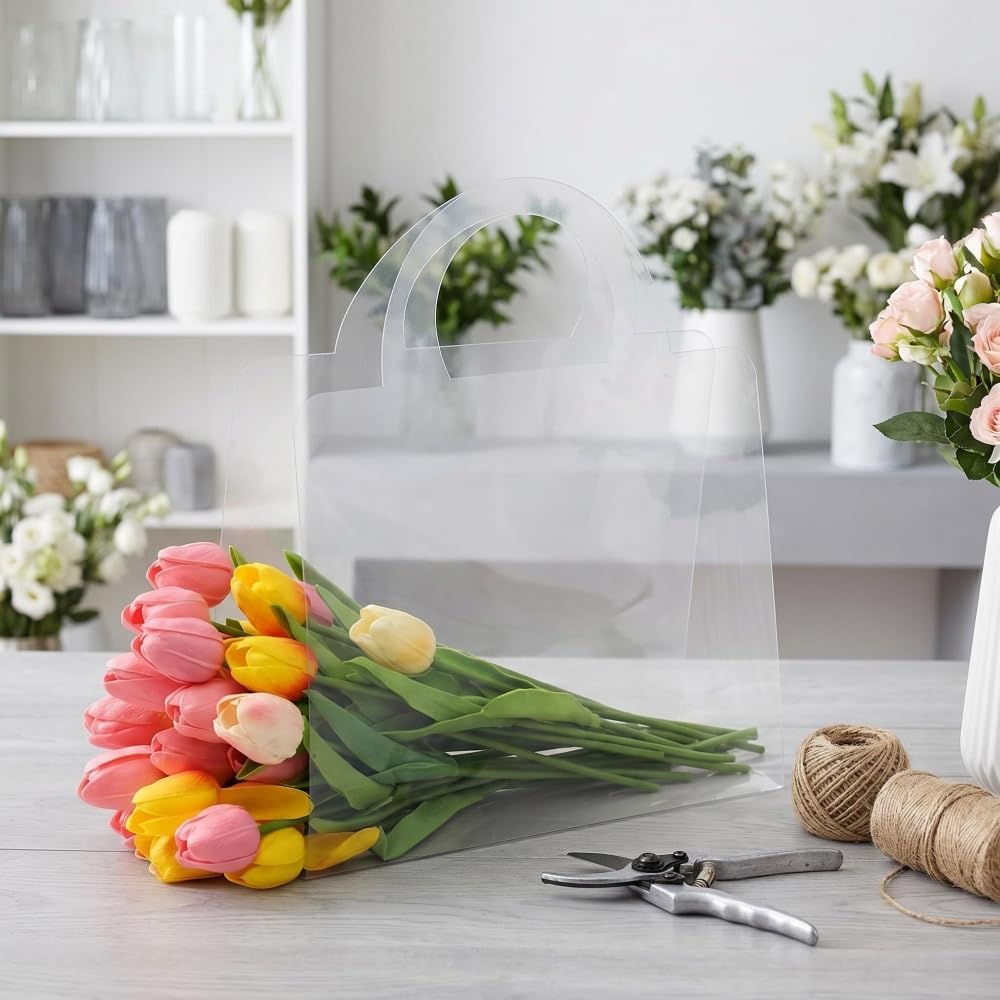 Clear Flower Bags with Handles for Bouquets Florist Shop Packaging Supplies 10 Pcs Valentine's Day 13.7 * 9.8 * 4.7 inches (B)