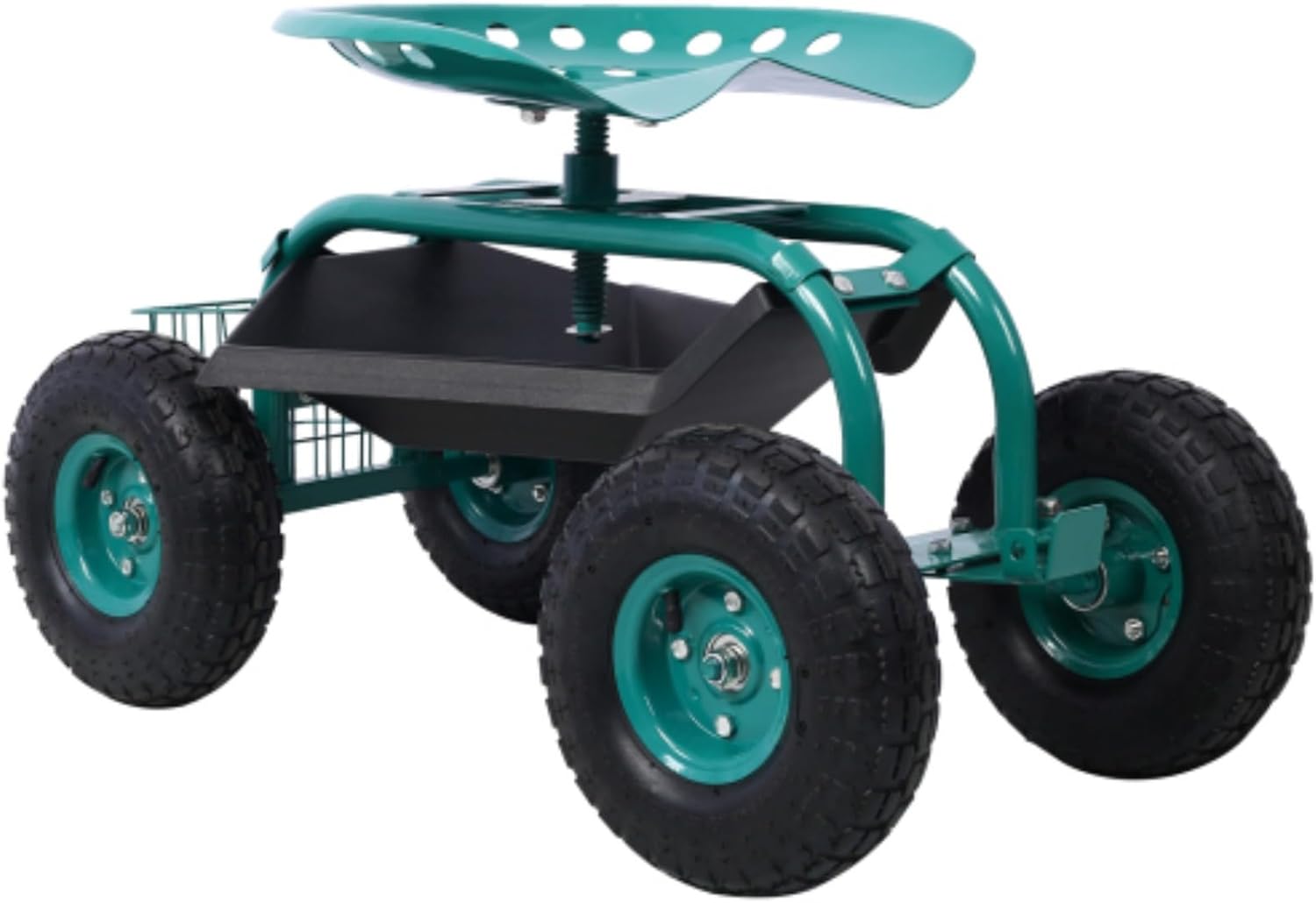 Garden Cart, Wheelbarrow, Tool Cart with Wheels and Tool Tray, Rolling Garden Scooter, 360 Degree Swivel Seat, Heavy Duty Frame, Tray and Basket