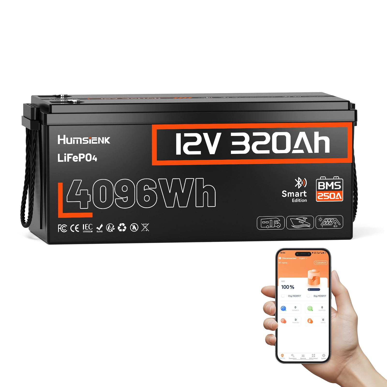 HumsiENK 12V 320Ah LiFePO4 Battery with Bluetooth, 4096Wh Deep Cycle Lithium Battery, 250A BMS (3200W Output), Low-Temp Cut-Off, 58.6lbs Ultra-Light Replacement for 3x 100Ah, RV, Marine, Solar