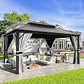 UDPATIO 12' x 16' Hardtop Gazebo,Aluminum Frame Galvanized Steel Double Roof Permanent Gazebo, Outdoor Metal Gazebos with Mosquito Netting and Curtains for Garden, Parties, Patio, Deck, Lawns, Grey