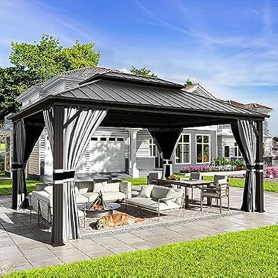 UDPATIO 12' x 16' Hardtop Gazebo,Aluminum Frame Galvanized Steel Double Roof Permanent Gazebo, Outdoor Metal Gazebos with Mosquito Netting and Curtains for Garden, Parties, Patio, Deck, Lawns, Grey